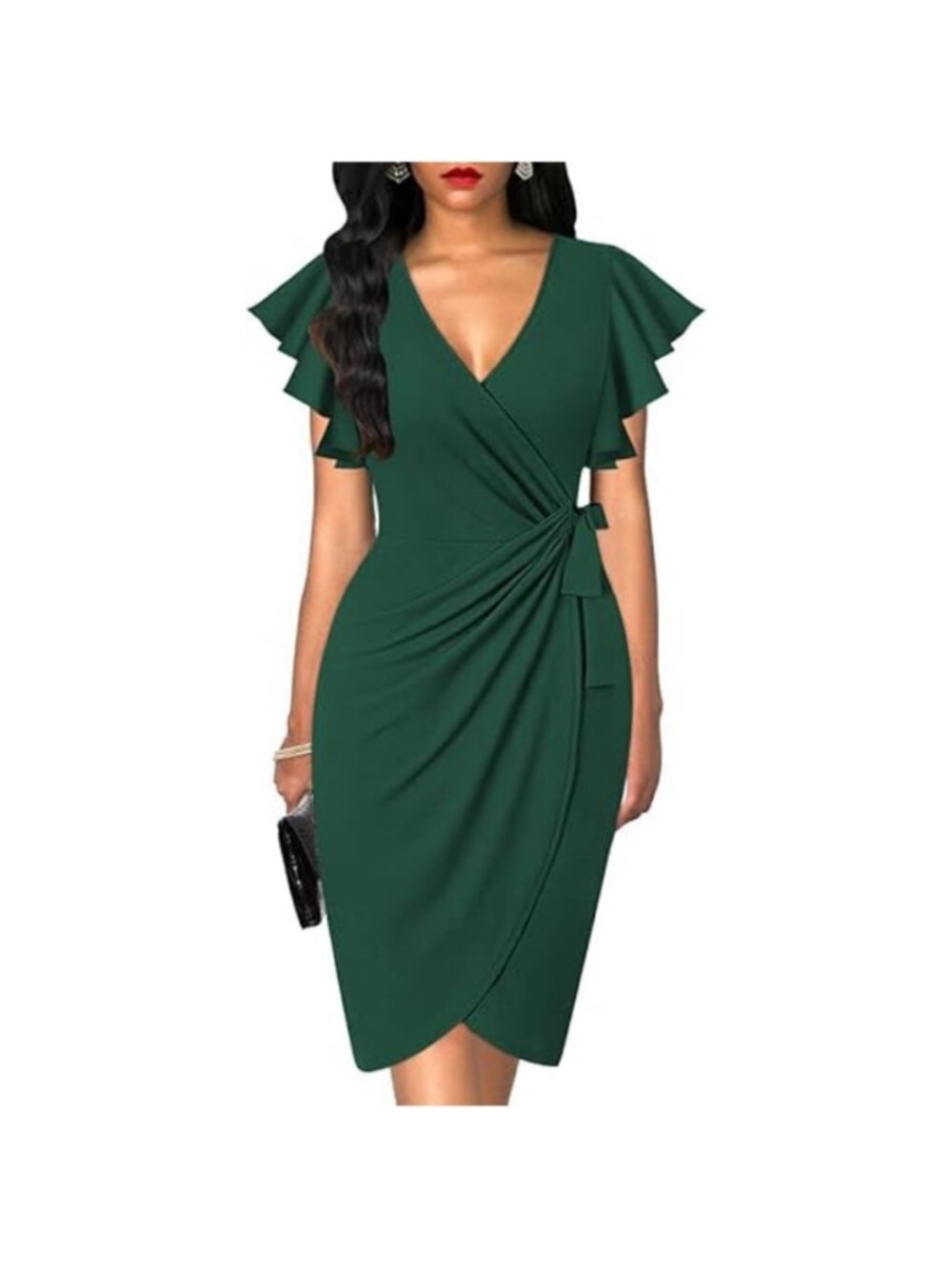 New Women XL Dark Green Midi dress with a V-neck, ruffle sleeves,wrap-front tie
